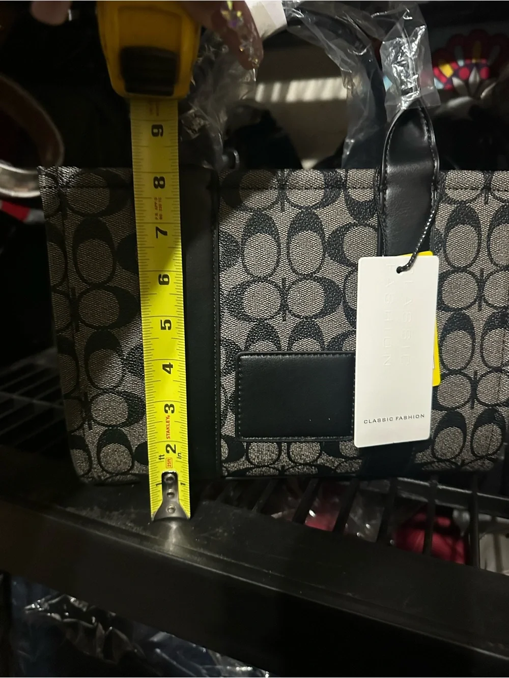 Gray & Black Patterned Tote Bag with Black Trim W/ Matching Wallet & Strap